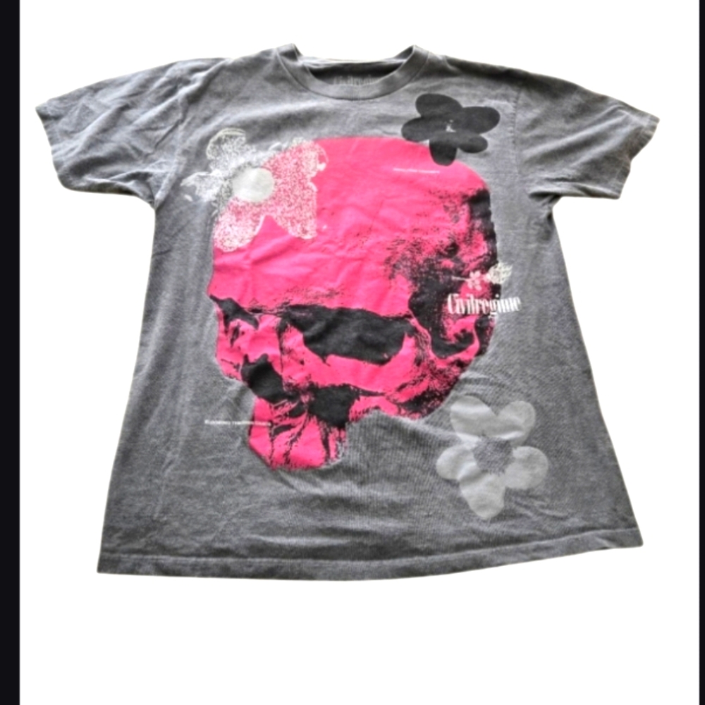 Civilregime T Shirt M Short Sleeve Skull Graphic Floral Gray Grunge Pink Black